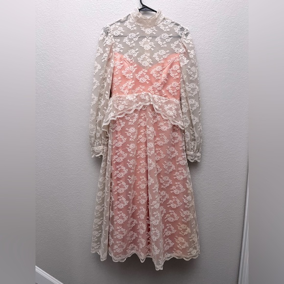 Vintage 1960s Pink Lace Overlay Dress Size M Cottagecore Fairy Whimsigoth